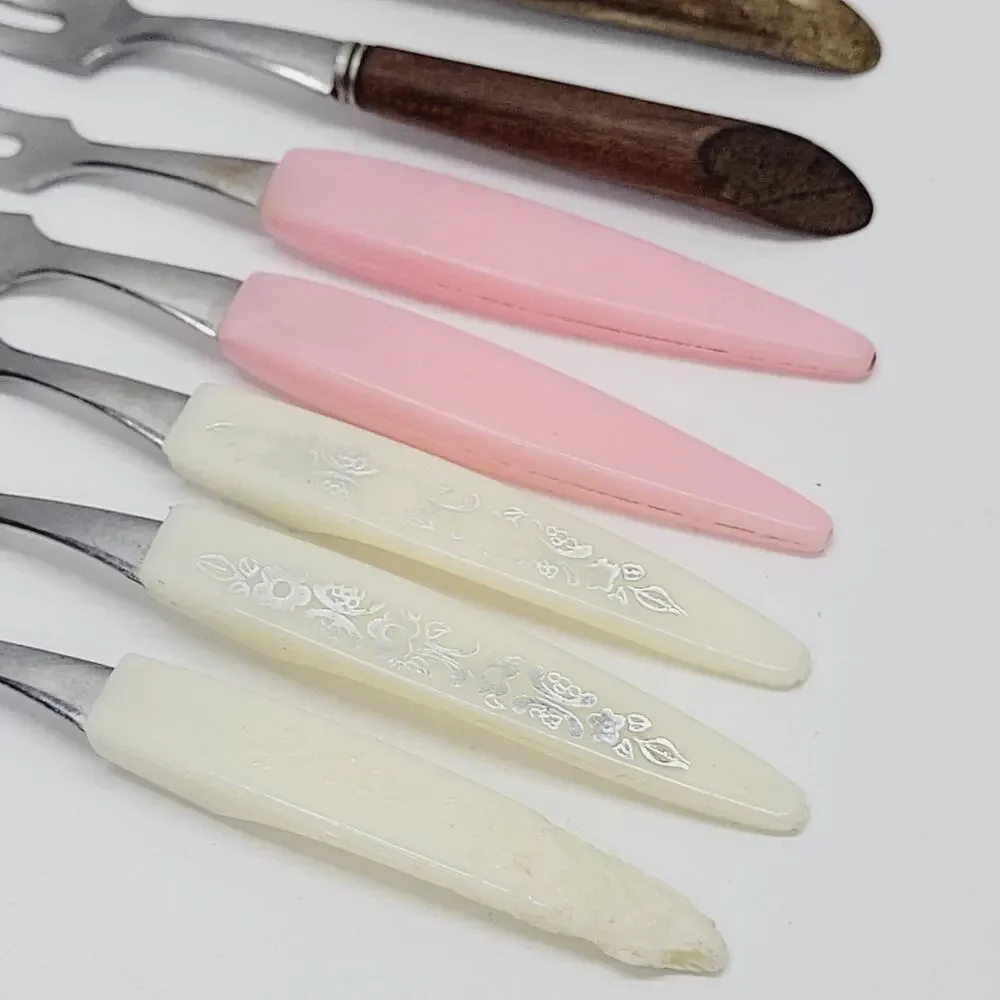 7 Vintage Mini Cocktail Appetizer Forks Stainless Wood Plastic 4